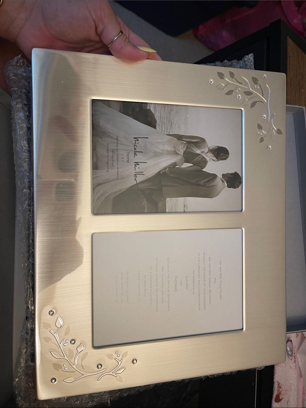 Silver Double Photo Frame with Floral Accent